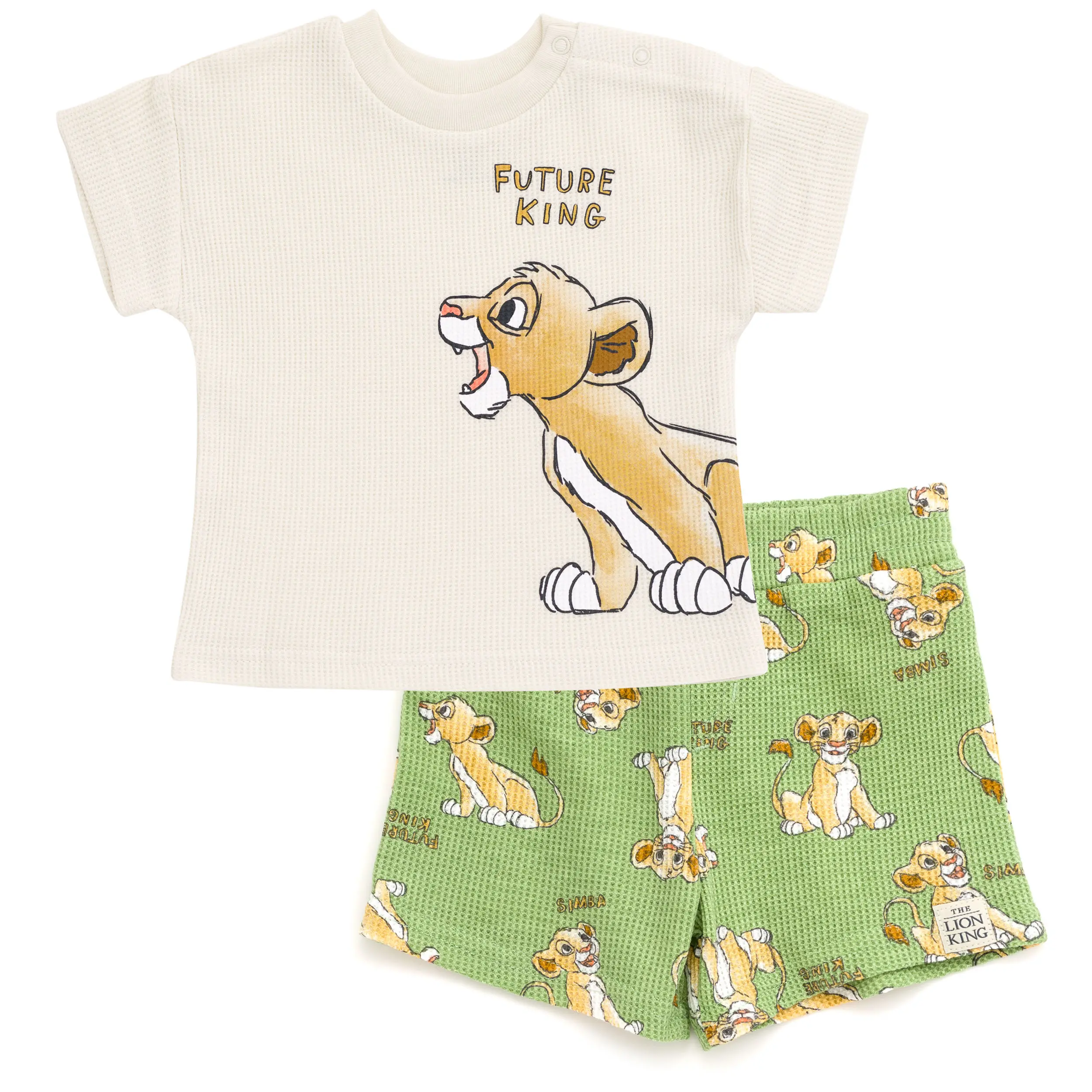 Disney Lion King Simba Toddler Boys' 2-Piece Casual Waffle Knit Graphic Tee & Shorts Outfit, Sage Green, 3-4 Years, Drop Shoulder, Elastic Waistband, Pull-On, Yes, Graphic Print, Set, 4T, 3T, Active Play, Cotton