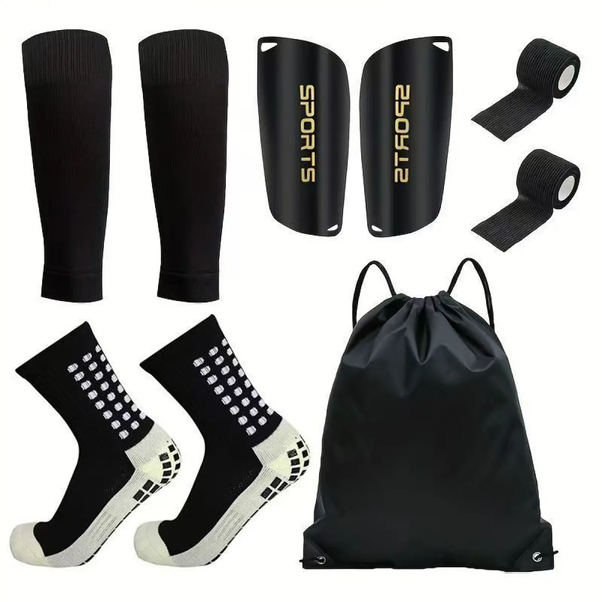 5-Piece Pro Football Kit with Grip-Tech Socks & Shin Guard Sleeves Complete Soccer Set with Drawstring Bag All-in-One Football Gear for Enthusiasts Accessories Set with Socks and Wrap calf sleeve Gripsocks Anti Slip Texture