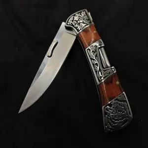 Vintage Engraved Folding Pocket Knif,e, High-quality Stainless Steel Blade, Wood Handle with Ornate Silver Scrollwork, EDC outdoor K,nife for Camping, Hunting, Fishing, Durable Portable Design, Ideal for Men’s Collectible Gift, buy it today