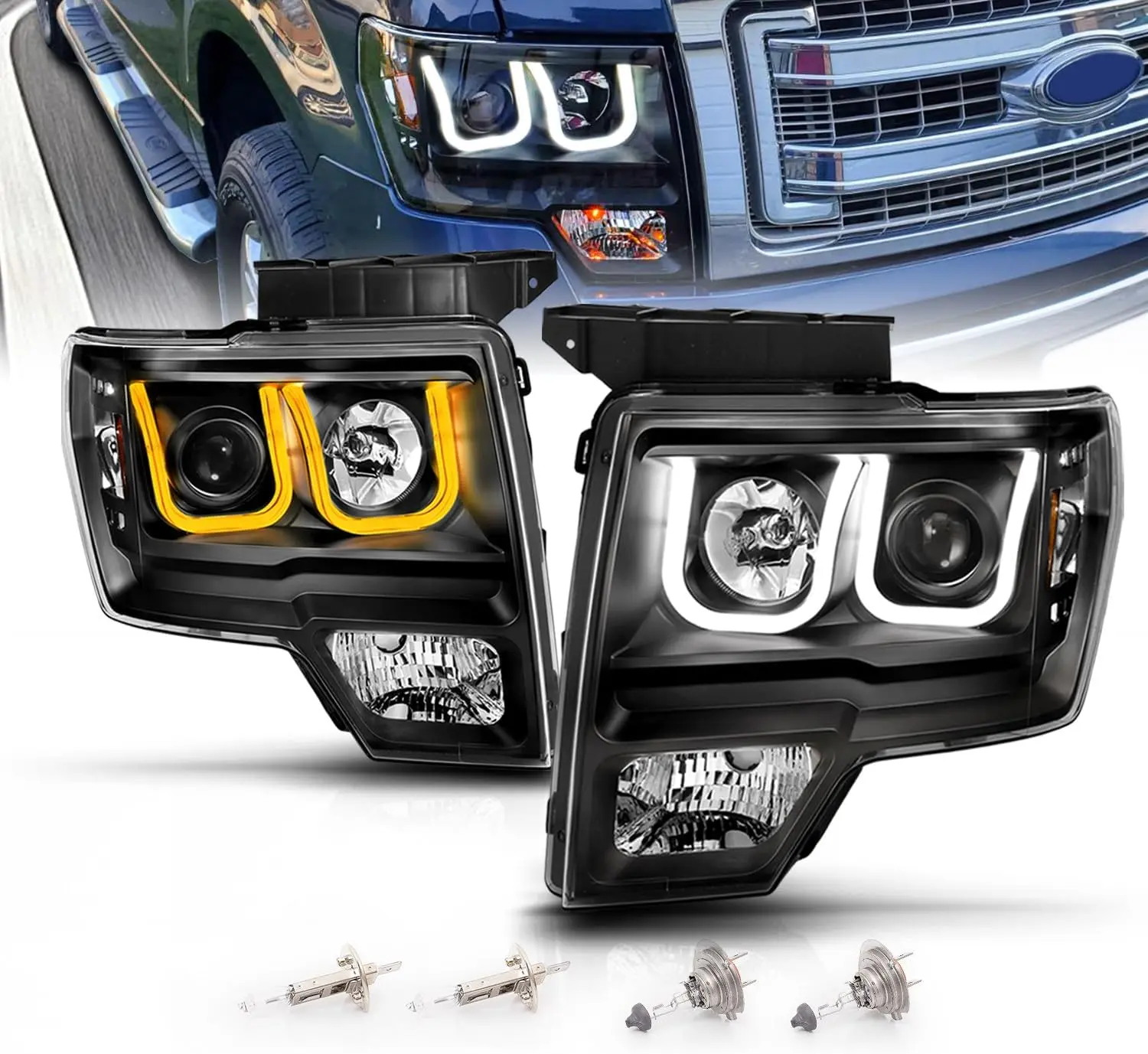 AmeriLite for 2009-2014 Ford F150 Black Dual U-Bar Projector Headlights Pair - Switchback LED Signal Replacement Assembly - Driver and Passenger Side