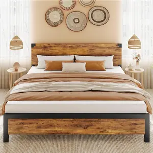 Gaomon King Size Bed Frame Set - Brown Wood Headboard, Metal Platform with Under-Bed Storage, Support Legs, Noise-Free Design, No Box Spring Needed, Easy Assembly