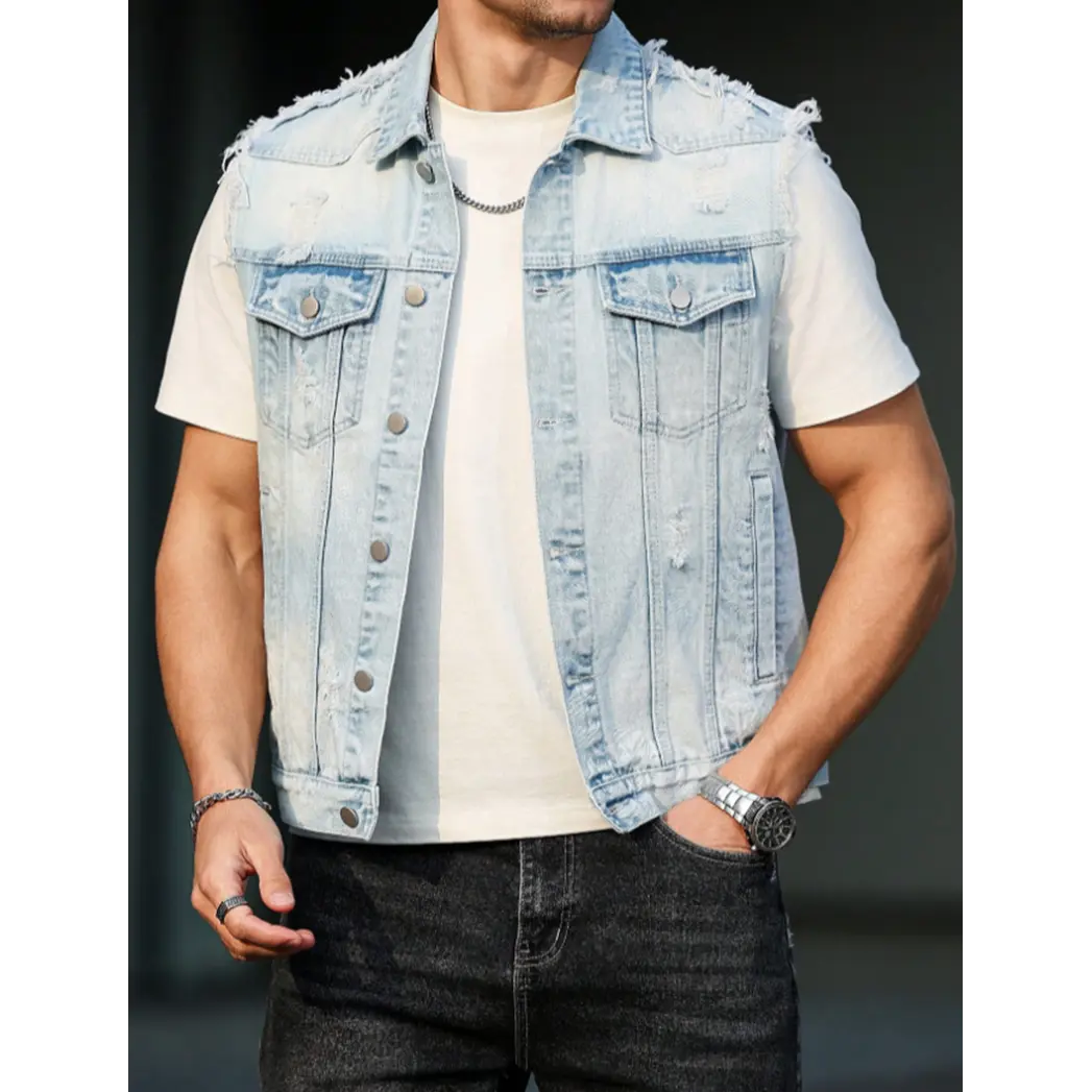 Streetwear retro light blue washed men's denim jacket, spring and summer trendy brand high street versatile sleeveless vest, outdoor casual men's jacket, men's top