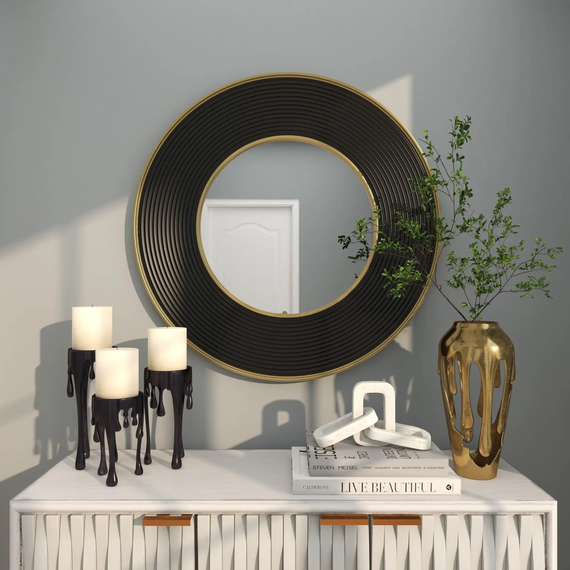 CosmoLiving by Cosmopolitan Black Metal Room Wall Mirror with Fluted Frame