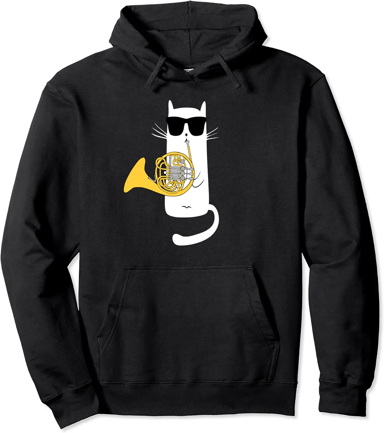 Funny Cat Wearing Sunglasses Playing French Horn Pullover Hoodie - Kevincifuen Shop 79B07Y65QT65