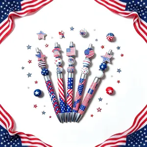 5-piece set handmade Independence Day themed bead pens, black ink, creative design, including national flag element wooden beads and pen body, suitable for personal use and holiday gift giving, Writing Tools, Boutique Pen