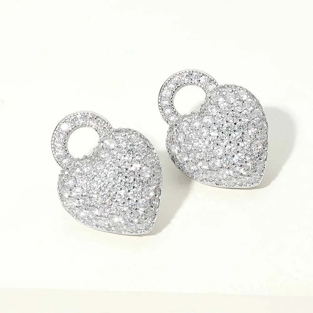 14K Gold Plated Pave Heart Padlock Stud Earrings