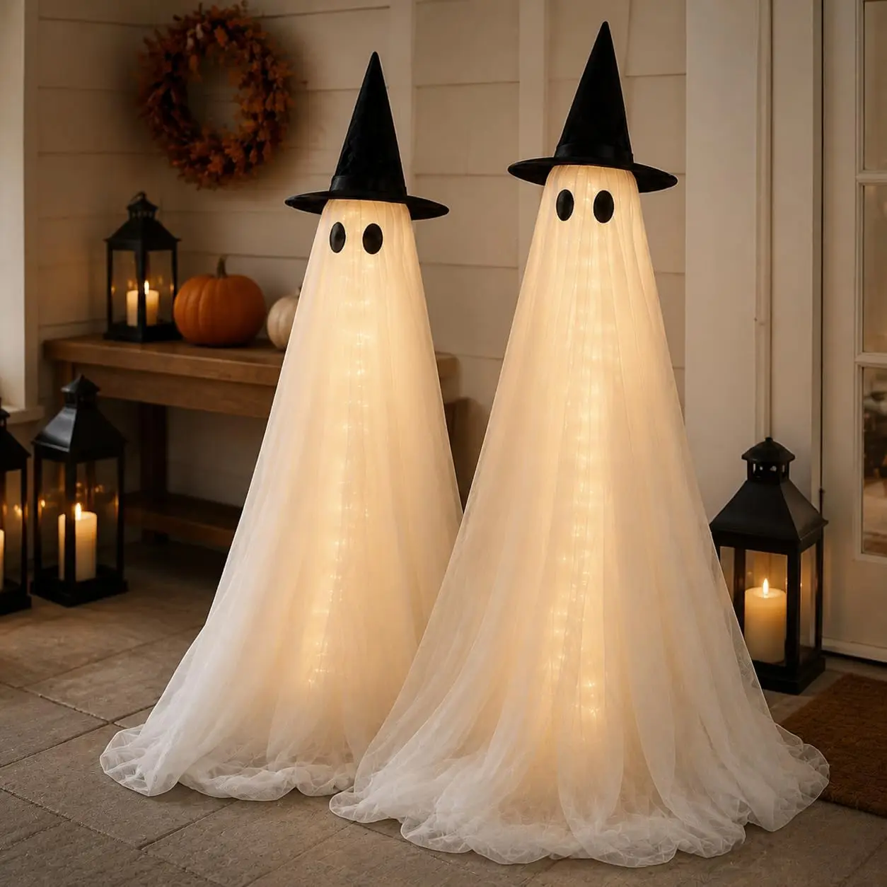 2-Pack 5Ft Spooky Lighted Ghost Decor Set, Indoor Outdoor Decorative Wind-Resistant Party Decoration Set with String Lights, Waterbags & Hats for Porch Yard