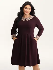 【Summer Turn-Up】【Pocket Approved】 Bloomchic Plaid Collar Pleated Stretchy Waist Midi Dress in Burgundy with Long Sleeves and Side Seam Pockets for Leisure Style 2026 Summer Pick for Mother's Day