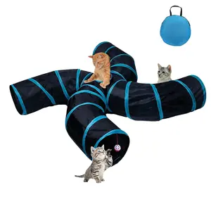 Cat Tunnel for Indoor Cats Large, with Play Ball S-Shape 4 Way Collapsible Interactive Peek Hole Pet Tube Toys, Puppy, Kitty, Kitten, Rabbit (S4 - Black & Blue)