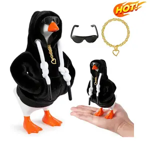 Linastu 7-inch Desktop Goose Doll Clothing Set Mini Outfit with Black Hoodie Sunglasses & Gold Heart Necklace Perfect for Valentine's Day & St Patrick's Day