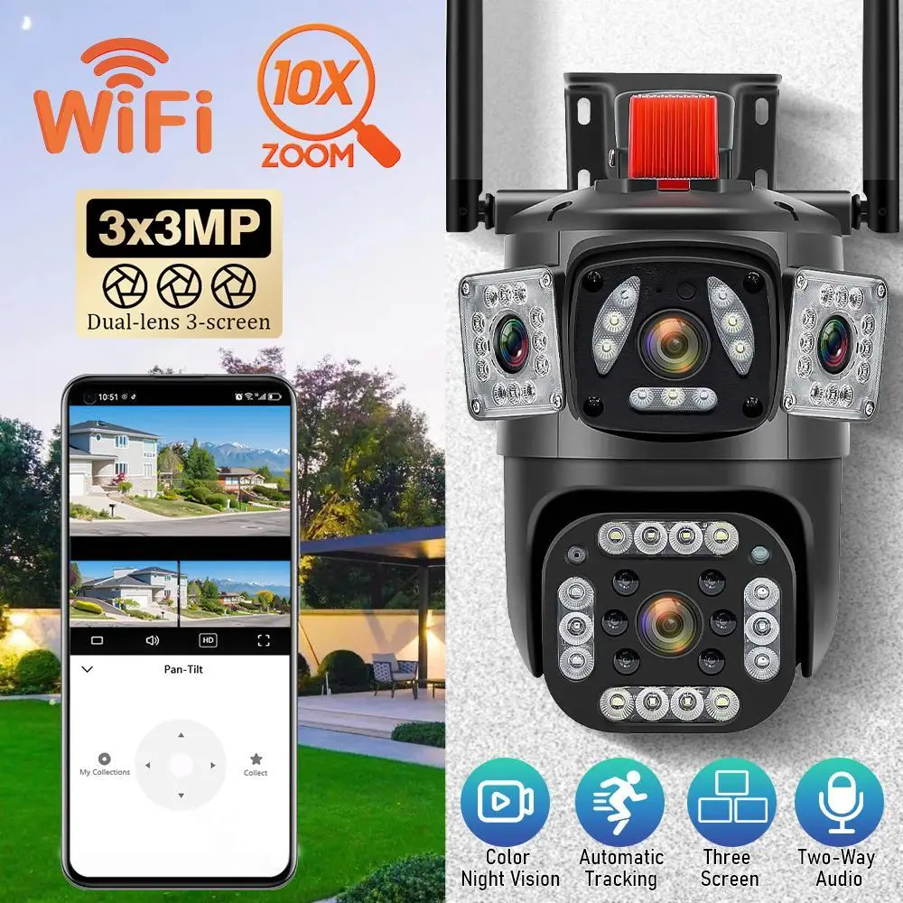 Outdoor Security Camera, 3-Lens Waterproof Camera, 6K 9MP, 10X Zoom, 360 PTZ Outdoor WiFi Camera