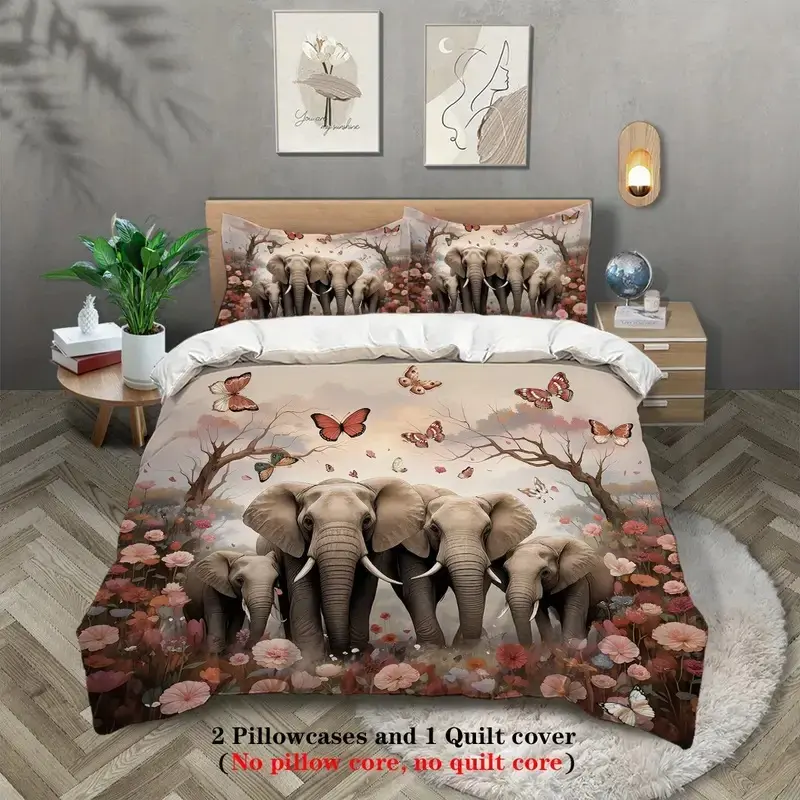 3pcs Elephant Pattern Print Quilt Set, Soft Polyester Fabric, Zipper Design, Modern Style Bedding Essentials, Home Textiles