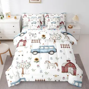 Feelyou 7-Pieces Farm Animal Bedding Set - Cartoon Tractor, Rustic Barn Door, Horse, Sheep, Cow, Sunflower Themed Comforter and Sheet Set