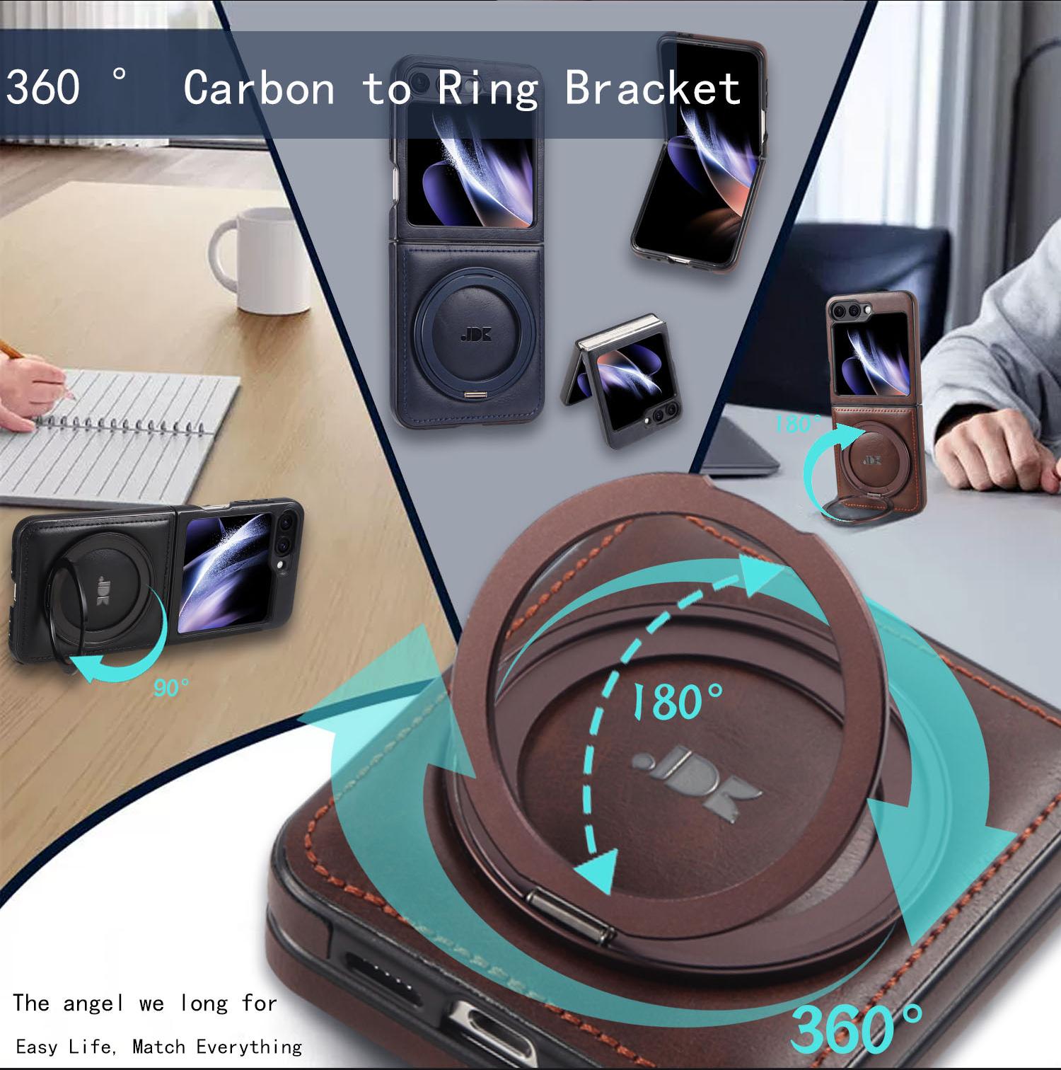 Metal 360° Rotating Stand Phone Case for Samsung ZFlip7/ZFlip6/ZFlip5/ZFlip4/ZFlip3 Foldable Screen Magnetic Skin-Friendly Leather Texture Business Full Shockproof Protective Cover