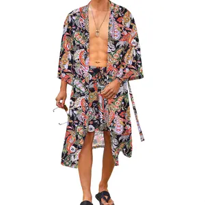 COOFANDY Men Lightweight 2 Piece Set Kimono Robe with Shorts Japanese 3/4 Sleeve Robes Casual Open Front Long Cardigan With Belt