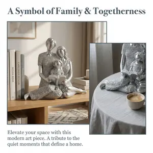 Silver Family Reading Resin Statue, Beaded Textured Family Decor, Luxury Home Accent, Family Love Figurine, Bookshelf Ornament