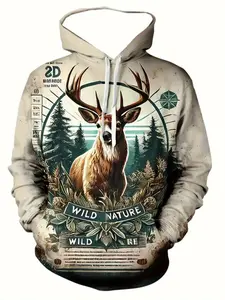 Men's 3D Deer Print Hoodie, Long Sleeve Pullover Sweatshirt, Adjustable Drawstring Design, Fall & Winter Casual Wear