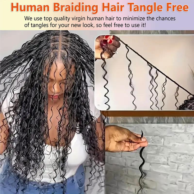 Bohemian Braiding Human Hair, Deep Water Wave Bulk Braiding Hair, 12A Grade Wet & Wavy Curly Human Hair Extensions, 3 Bundles 110g, Natural Color, Weft-Free Design, Unisex Hair Pieces
