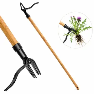 Stand Up Weed Puller Tool with Long Bamboo Handle - 4-Claw Steel Head Weeder for Root Removal - Heavy Duty Manual Garden Weeding Tool for Dandelions and Thistles - No Bend Lawn Care - Summer Finds - Viral