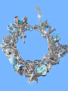 Vintage Floral Heart Ocean Charm Bracelet, DIY Cross Heart Bracelet, Starfish Flower Bracelet, Retro Heart Bracelet for Women