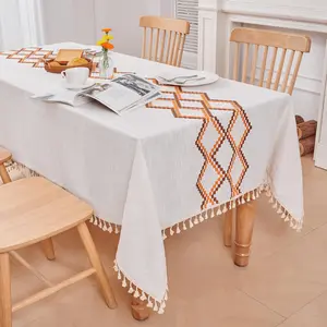 Deconovo Decorative Tablecloth Faux Linen with Diamond Embroidery & Tassels for Home Dining Table Decor