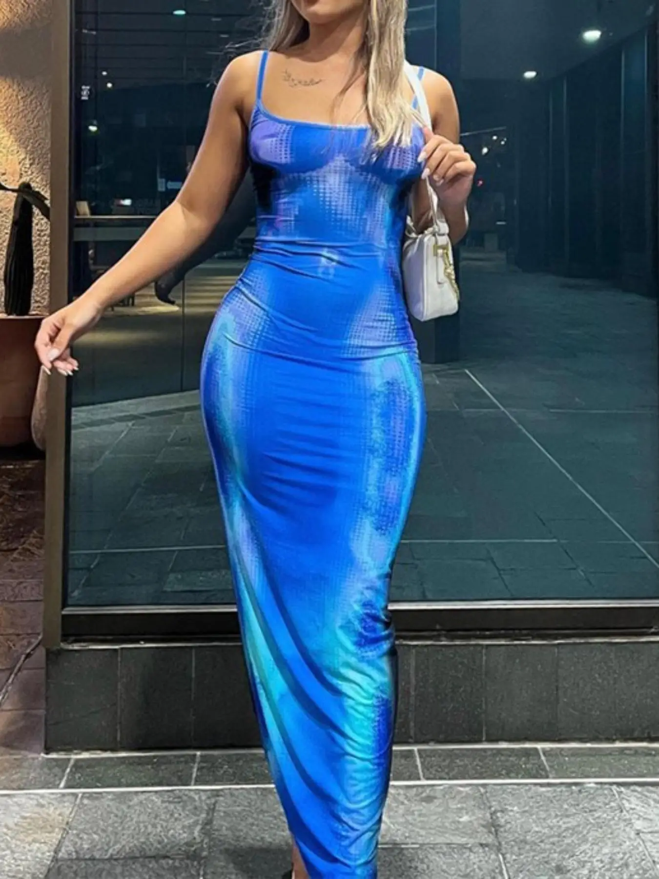 Women's Colorblock Print Backless Cami Bodycon Dress, Fashion Casual Spaghetti Strap Long Dress for Daily Outdoor Wear, Women Dress for Summer