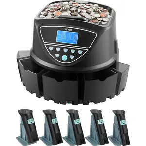 VEVOR Upgraded Coin Counter & Sorter, Coin Sorter and Wrapper Machine with Intuitive Display, Change Counter for USD Coins 1￠ 5￠ 10￠ 25￠ $1, Sorts up to 300 Coins/Min, with 5 Coin Tubes and 5 Trays