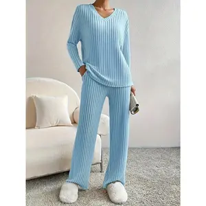 2-Pack Women's Solid Color Ribbed Knit Autumn/Winter Pajama Set -V Neck Long Sleeve Sleepwear & Pants, Outwear-Ready Loungewear For Sports & Home, Minimalist