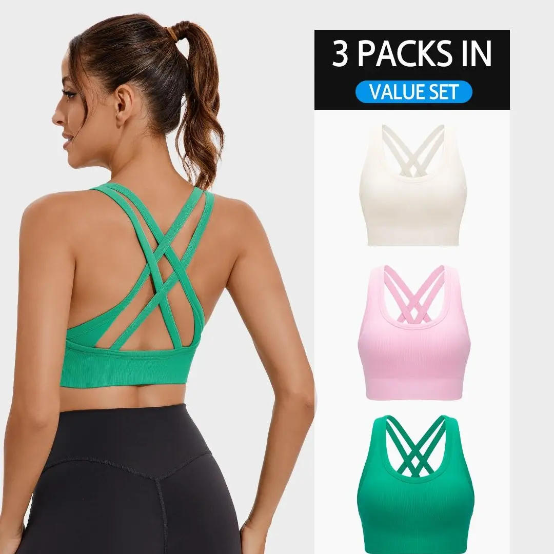 RUNNING GIRL Women's High Support Sports Bra, Criss-Cross Back Strappy Seamless Ribbed Workout Top with Removable Cups for Yoga, Workout Bra, Strappy Sports Bras