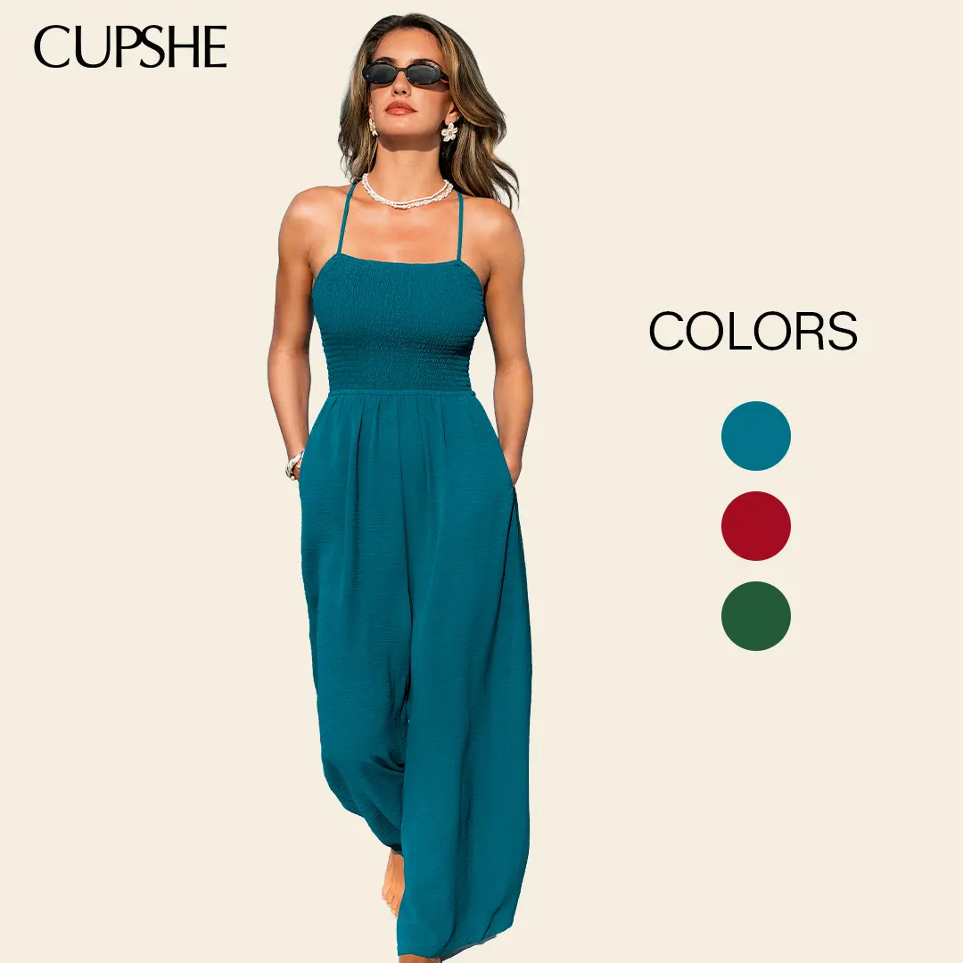 CUPSHE Women's Jumpsuit - Sleeveless Square Neck Wide Leg Long Jumpsuit, Flowy Relaxed Fit Casual One Piece Outfit for Summer Beach Vacation, Resort Wear, Holiday & Everyday Style