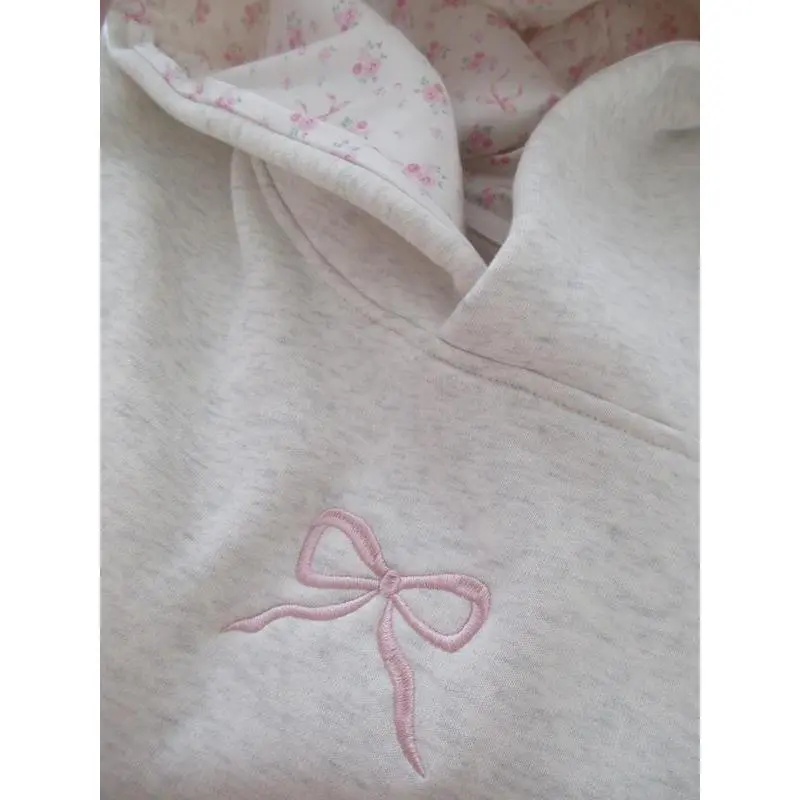 Bowknot  Retro Trend Simple Floral Letter Bowknot Pattern Gray Pullover Sweater Top Embroidered Hoodie Can be used with a raincoat
