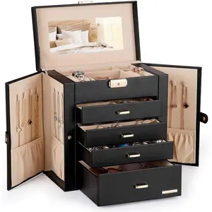Mothers Day Gifts Synthetic Leather Huge  Box Mirrored Watch Organizer Necklace Ring Earring Storage Lockable  Case (Black + )