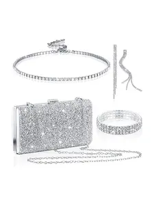 4 Pcs Silver Elegant Clutch Purse Jewelry Set for Women Rave Accessories Evening Rhinestone Purse Silver for Bride Wedding