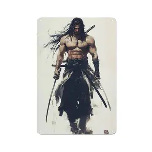 Muscular Samurai Warrior Metal Wall Sign - Ink Wash Art Style | Ideal Gift for Anime, Samurai & Martial Arts Enthusiasts