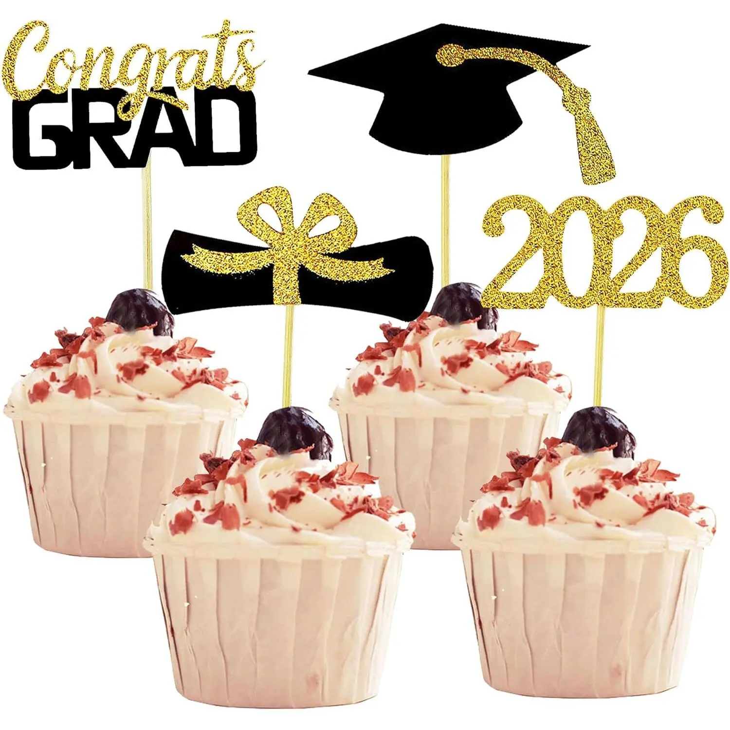 Class of 2026 Graduation Cupcake Toppers, 48 Pcs Food Safe Appetizer Picks, Grad Cap & Diploma Mini Cake Decorations, Disposable Grad Party Dessert Topper for 2026 Graduation Celebration and Party Table Decor