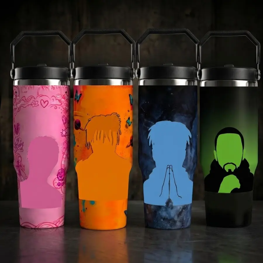 Pink, Orange, Blue, Green Music Tumbler Collection, Pink, Orange, Blue, Green Music Stainless Steel Insulated Travel Cup with Straw, Rap Fan Gift