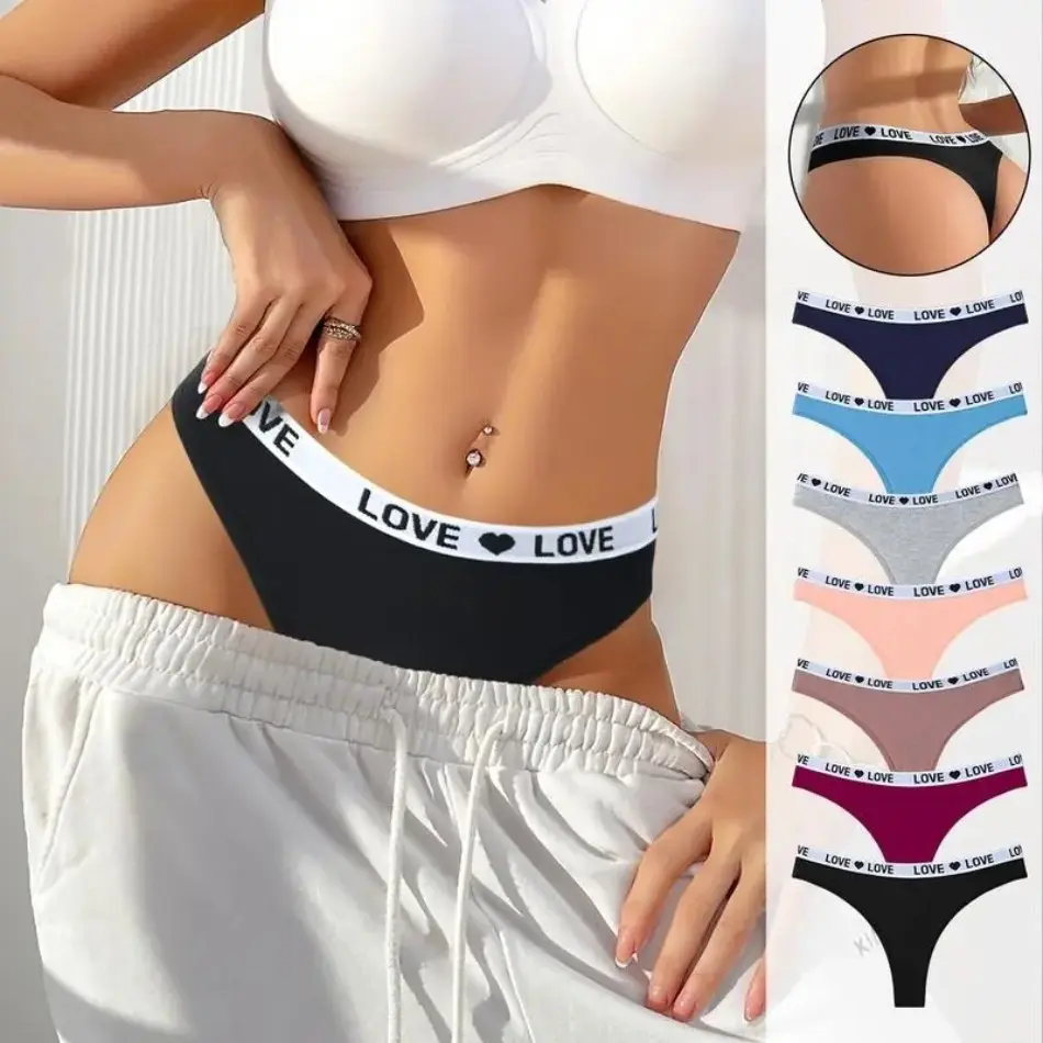 Women's 2026 New 7-Pack (Mixed Color) Low-Waist Thong Panties - Soft Cotton-Spandex Love Heart Waistband, Invisible Breathable Cotton Absorbent Underwear for Daily Wear
