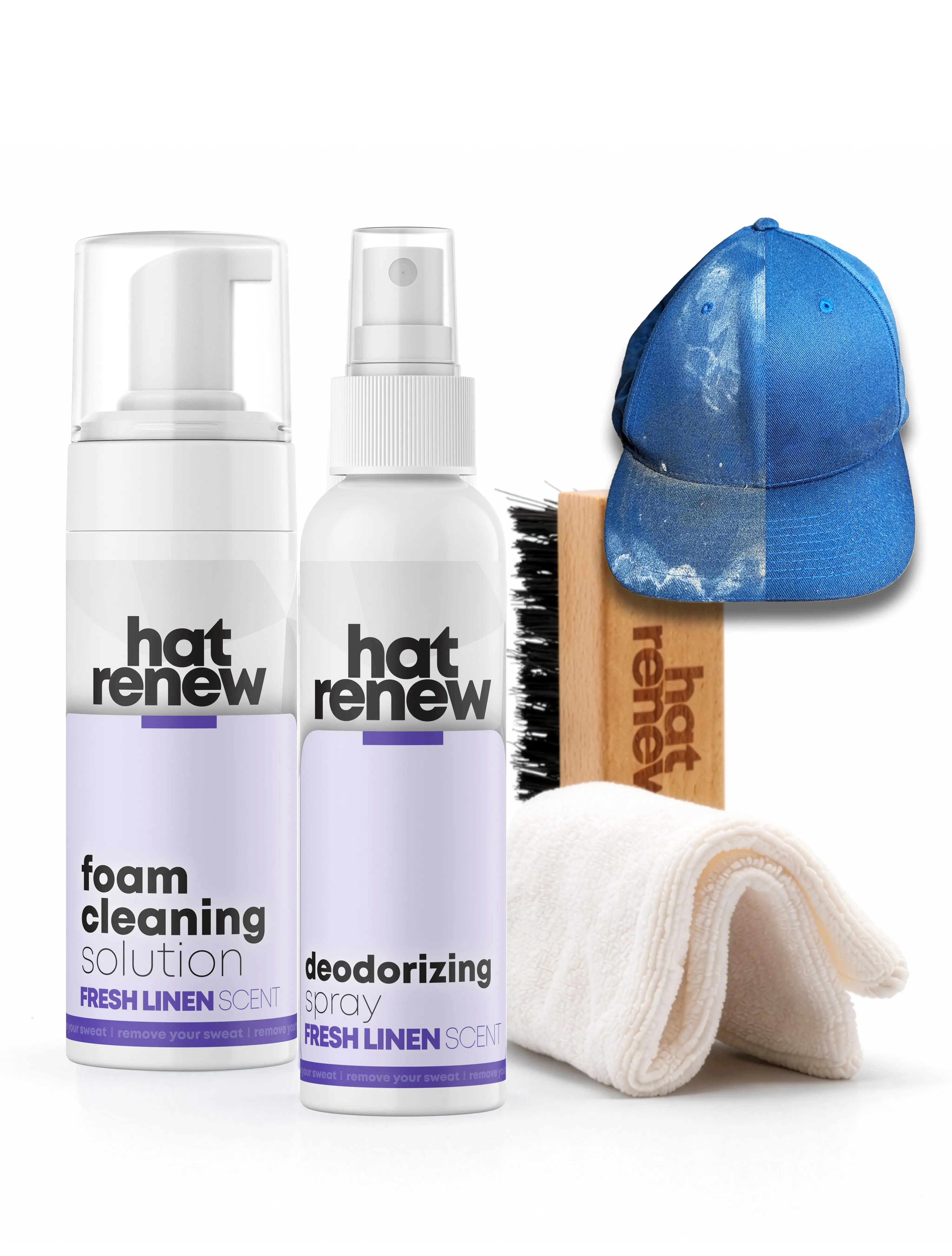 MOJA BASICS Hat Renew Hat Cleaner Kit - Cap Cleaner - Hat Stain Remover - Sweat & Stain Remover for hats - Cleaner with Foaming Cleanser Deodorizer Brush & Micro-Fiber Towel for Daily Hat Wearers