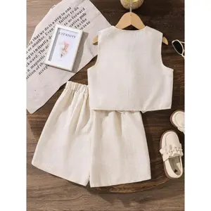 Girls' two-piece set, featuring a buttoned vest and matching shorts, in a stylish and simple design, suitable for daily wear, outings, vacations, and parties
