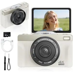 4K Digital Camera for Photography, 2026  64MP Autofocus WiFi Vlogging Camera for YouTube, 3'' 180? Flip Screen Compact Travel Cameras for Beginners with 16X Zoom, 32GB TF Card, Flash (White)