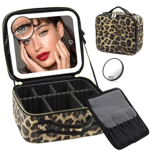 Makeup Bag with Mirror and Light Travel Makeup Train Case Cosmetic Bag Organizer Portable Artist Storage Bag with Adjustable Dividers Makeup Brushes Storage Organizer-Ideal Mother's Day Present for the Stylish Mom