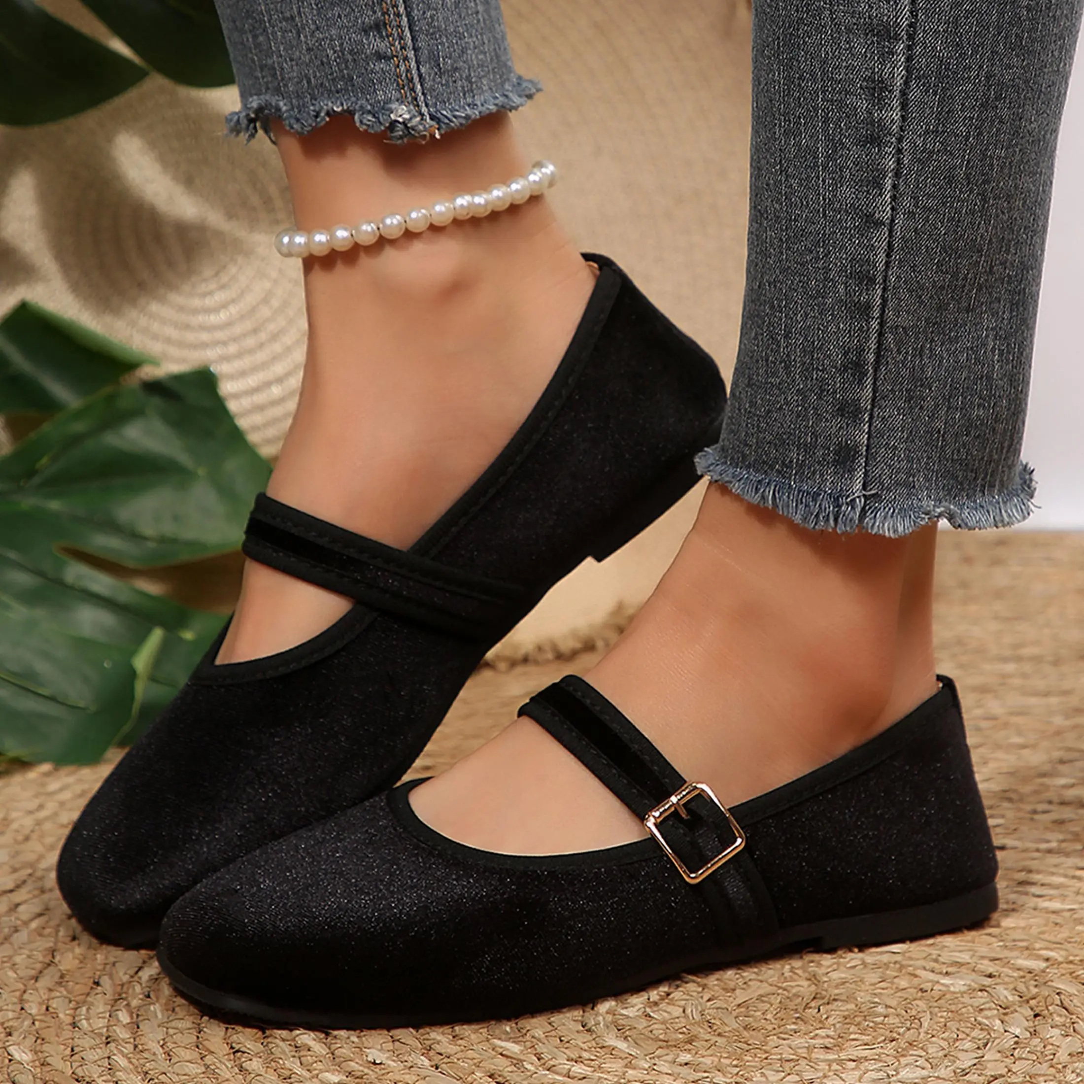 Women's Shiny Velvet Loafers Shoes, Square Toe Buckle Strap Flats
