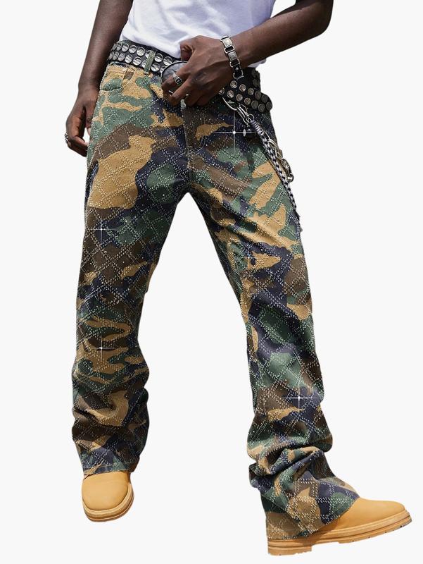 Jeans for men - Men’s Flared Camouflage Jeans with Layered Design for Street Style Wear baggy jeans for men y2k clothing jeans pants for men clothes for men airport outfit black jeans outfits winter going out outfits y2k clothes pants for men cargo