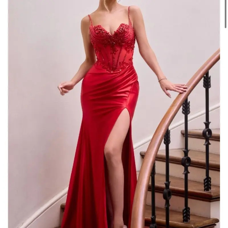 Illusion corset bodice with intricate beaded detailing and adjustable spaghetti straps