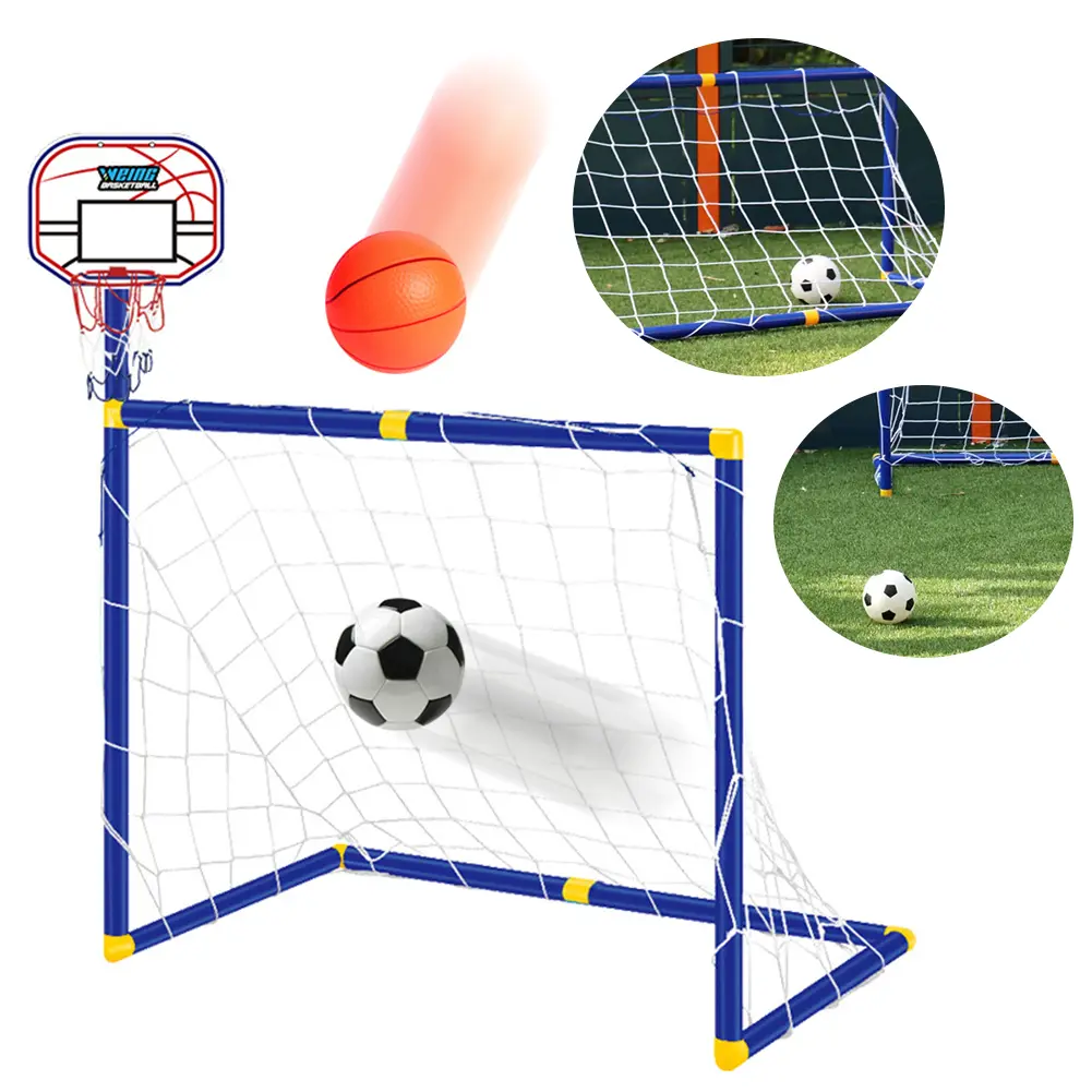 Folding Football Goal Post Net Set, 1 Set Mini Soccer Ball Goal Post Net Set with Basketball, Football & Pump, Portable Basketball Goal, Indoor & Outdoor Sports Toy, Birthday Gifts