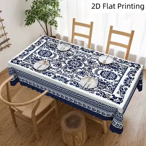 2D Vintage Blue and White Porcelain Pattern Tablecloth Classic Elegant Design Modern Minimalist Style Country Floral Rectangular Polyester Tablecloth for Indoor Outdoor Use