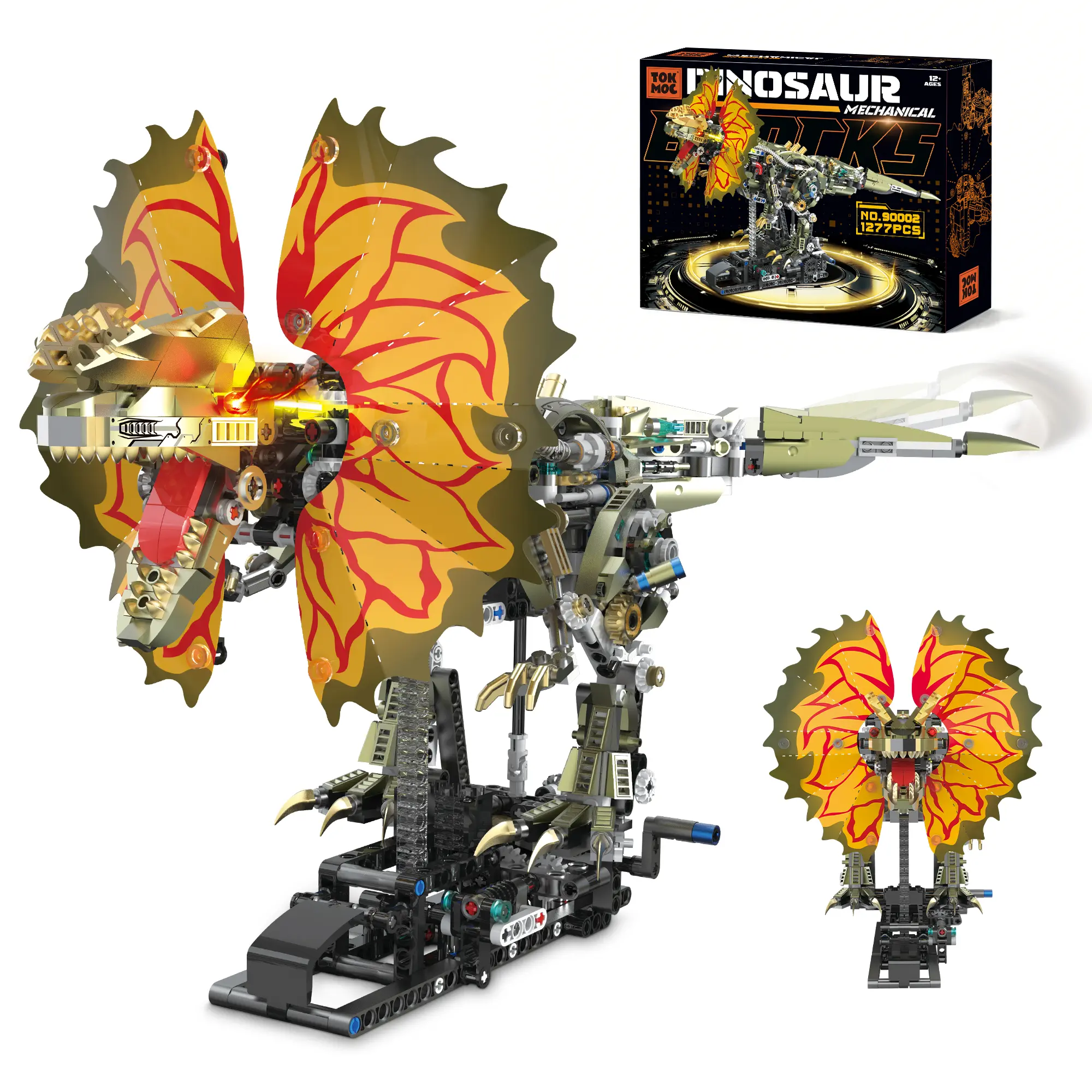 TOKMOC 1277-Piece Steampunk Technic Dilophosaurus Building Block Bricks Diorama Kit, Mechanical Animatronic Set with Manual Linkage, Light-Up Eyes, Creative STEM Project for Ages 12+, Collectibles for Home Gallery, Study & Video Games Enthusiasts
