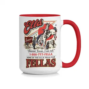 Ella Fellas Western Cowboy Ceramic Mug, 11oz & 15oz Retro Texas Desert Print Coffee Cup, "Choosin' Texas, I Can Tell" Quote Mug, 1-800-777-FELLA Themed Drinkware, Vintage Rodeo Cowboy Artwork