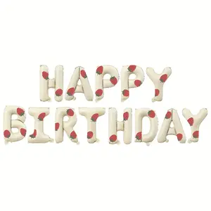 16inch Cream Aluminum Foil Birthday Balloon, 32 Strawberry PVC Stickers, Self-Adhesive Party Decor, Birthday, Anniversary, Celebration