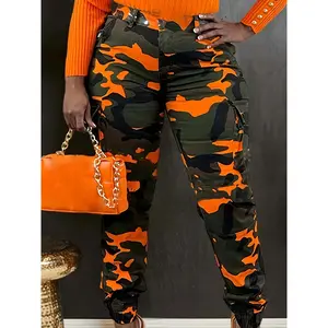 Street camouflage print splicing pocket button zipper regular high waist pencil full print leggings